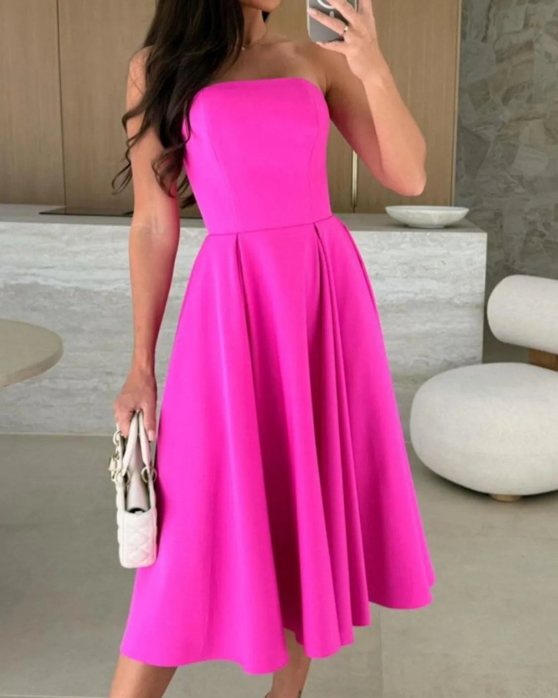 Closeup front hot pink midi dress