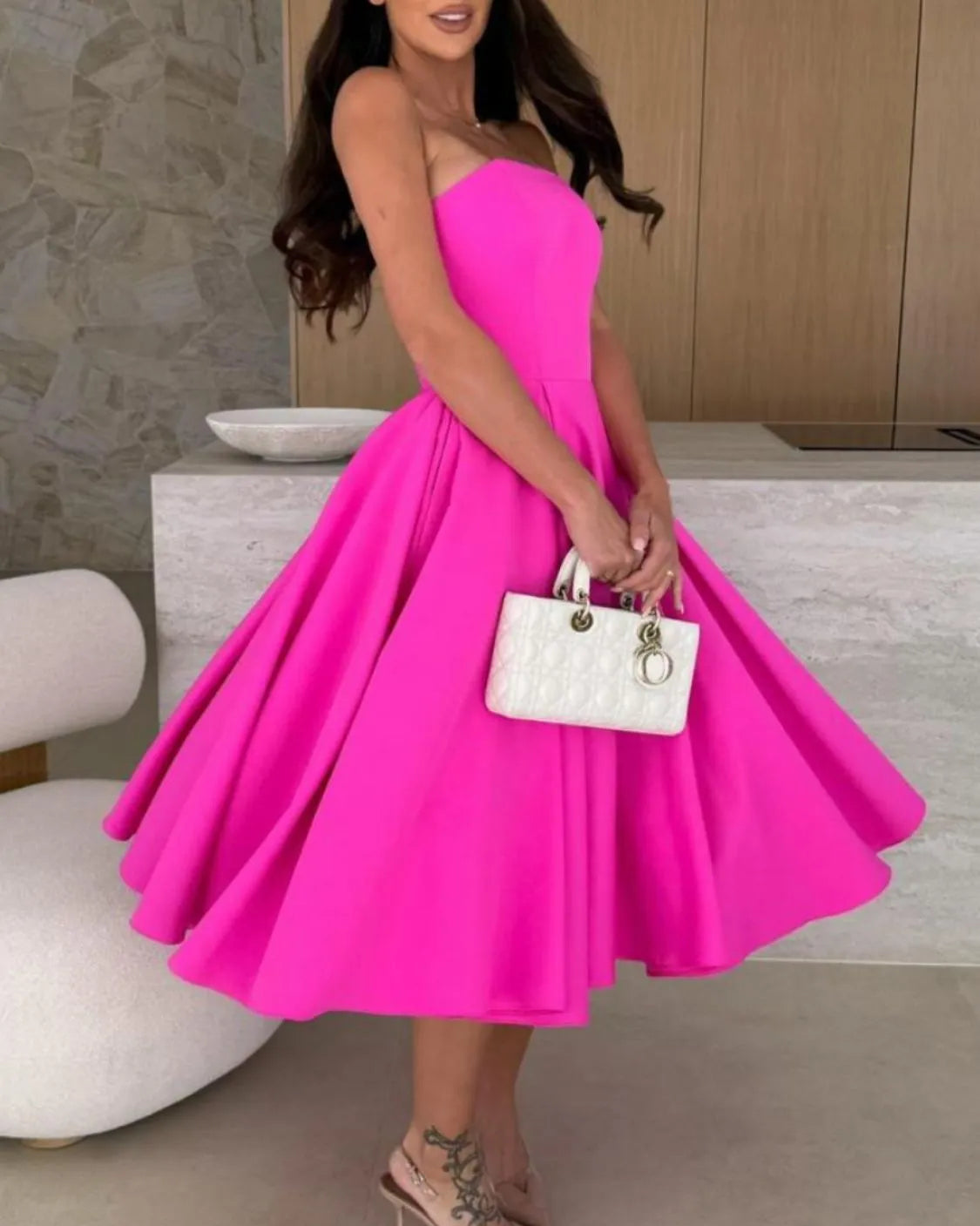 Side twirl hot pink midi dress strapless