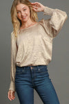 Wrinkled Round Neck Lantern Sleeve Blouse