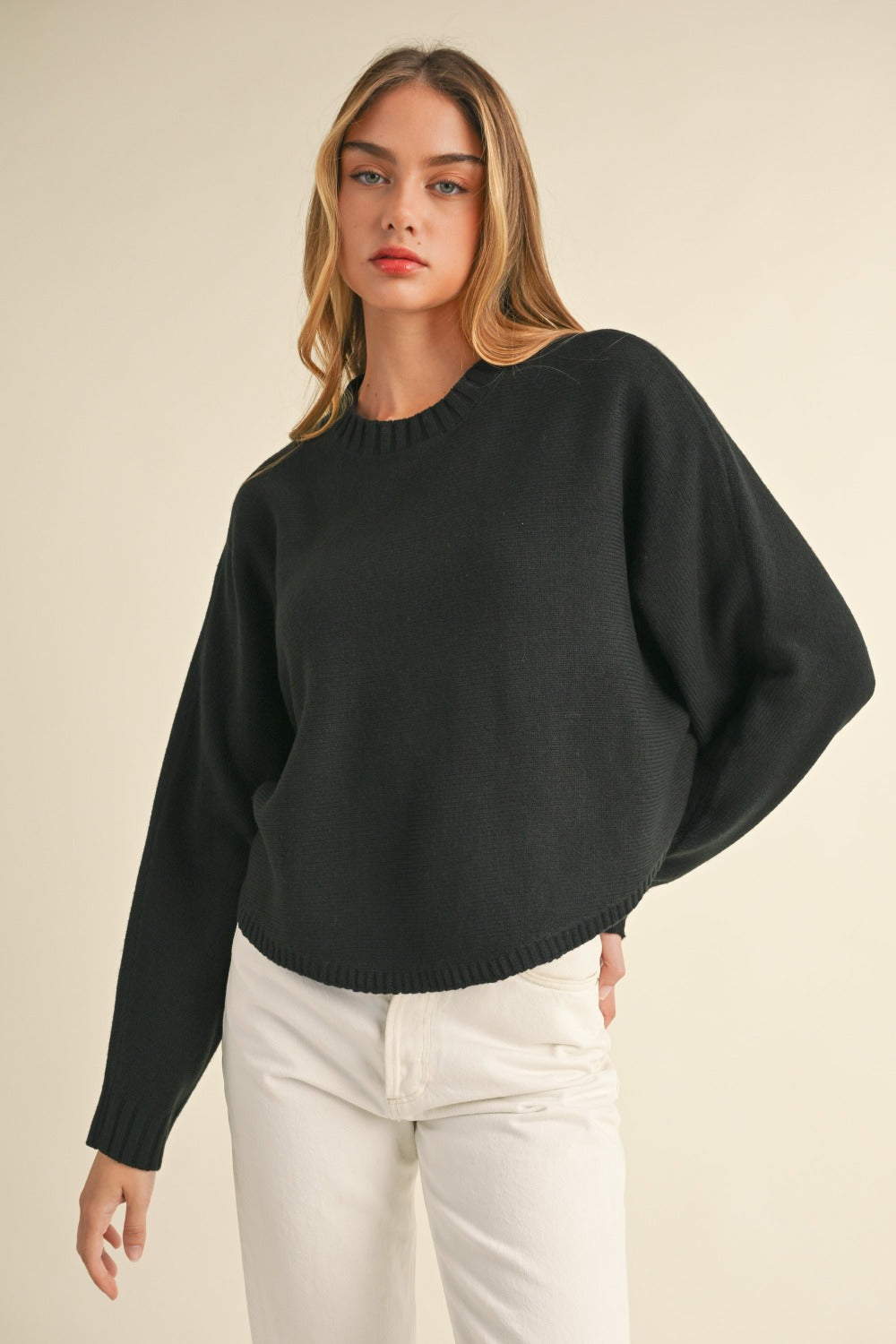 Round Neck Dolman Sleeve Cropped Sweater - MABLE