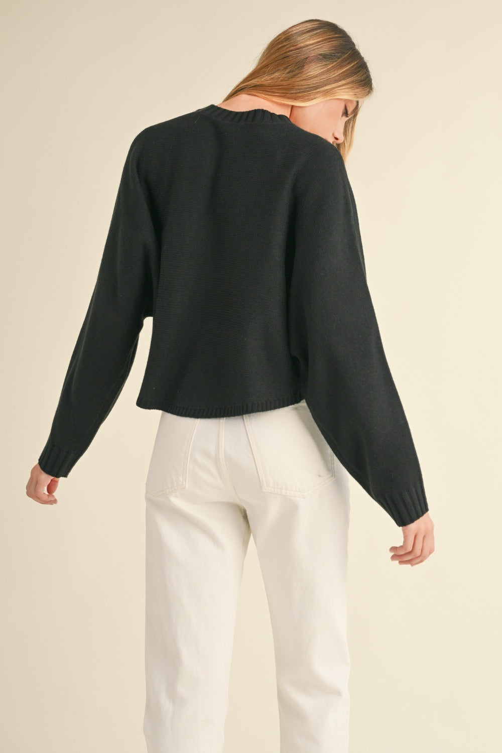 Round Neck Dolman Sleeve Cropped Sweater - MABLE