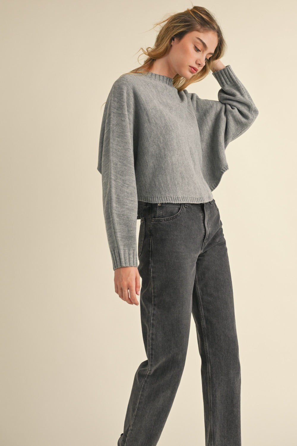 Round Neck Dolman Sleeve Cropped Sweater - MABLE