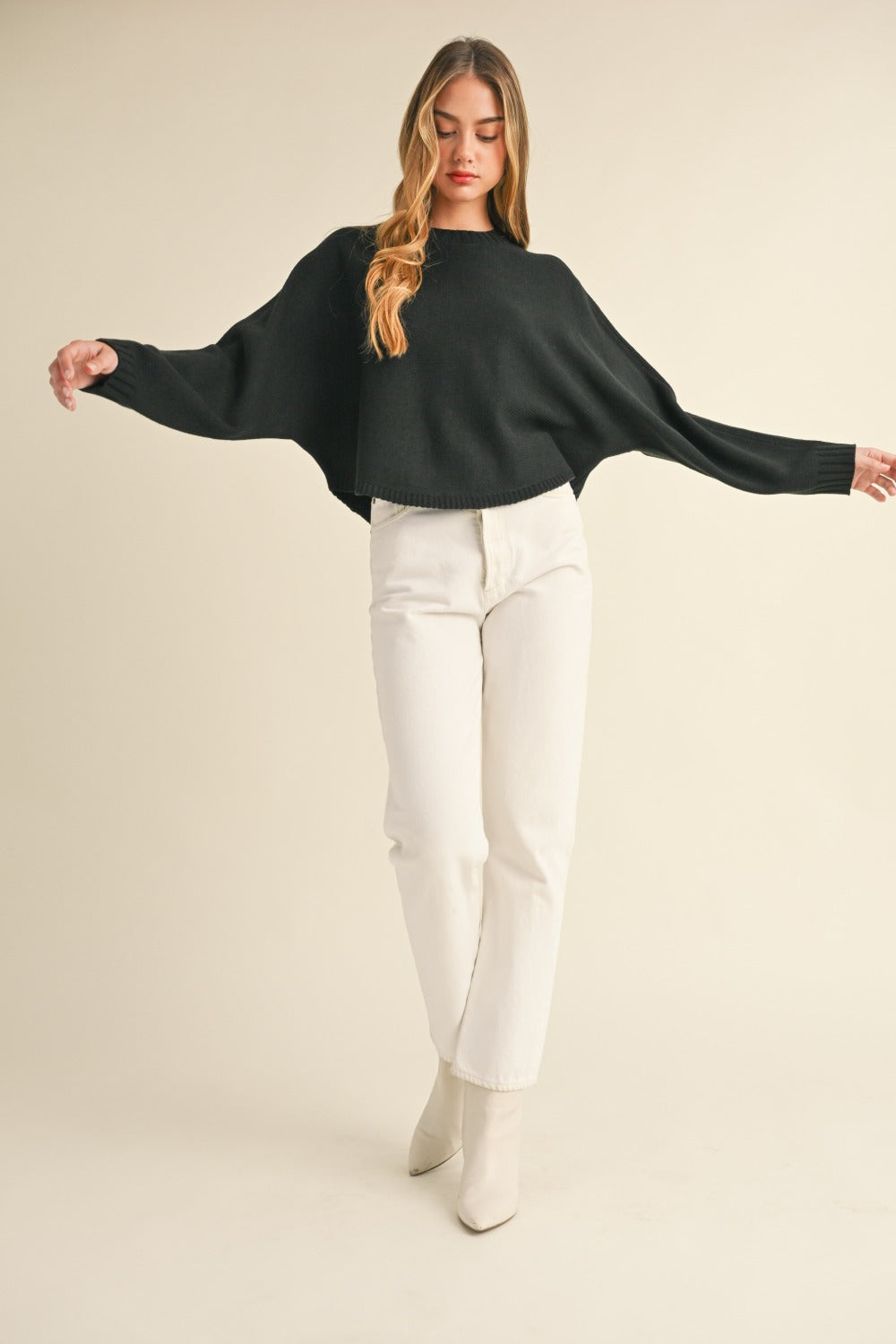 Round Neck Dolman Sleeve Cropped Sweater - MABLE