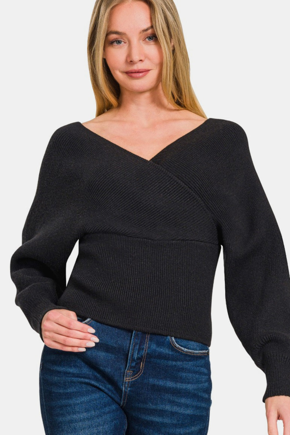 Cross Wrap Rib Long Sleeve Sweater - Zenana