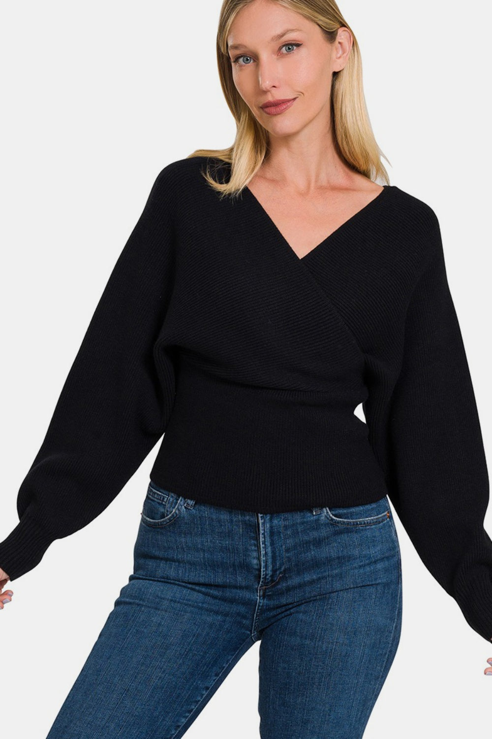 Cross Wrap Rib Long Sleeve Sweater - Zenana