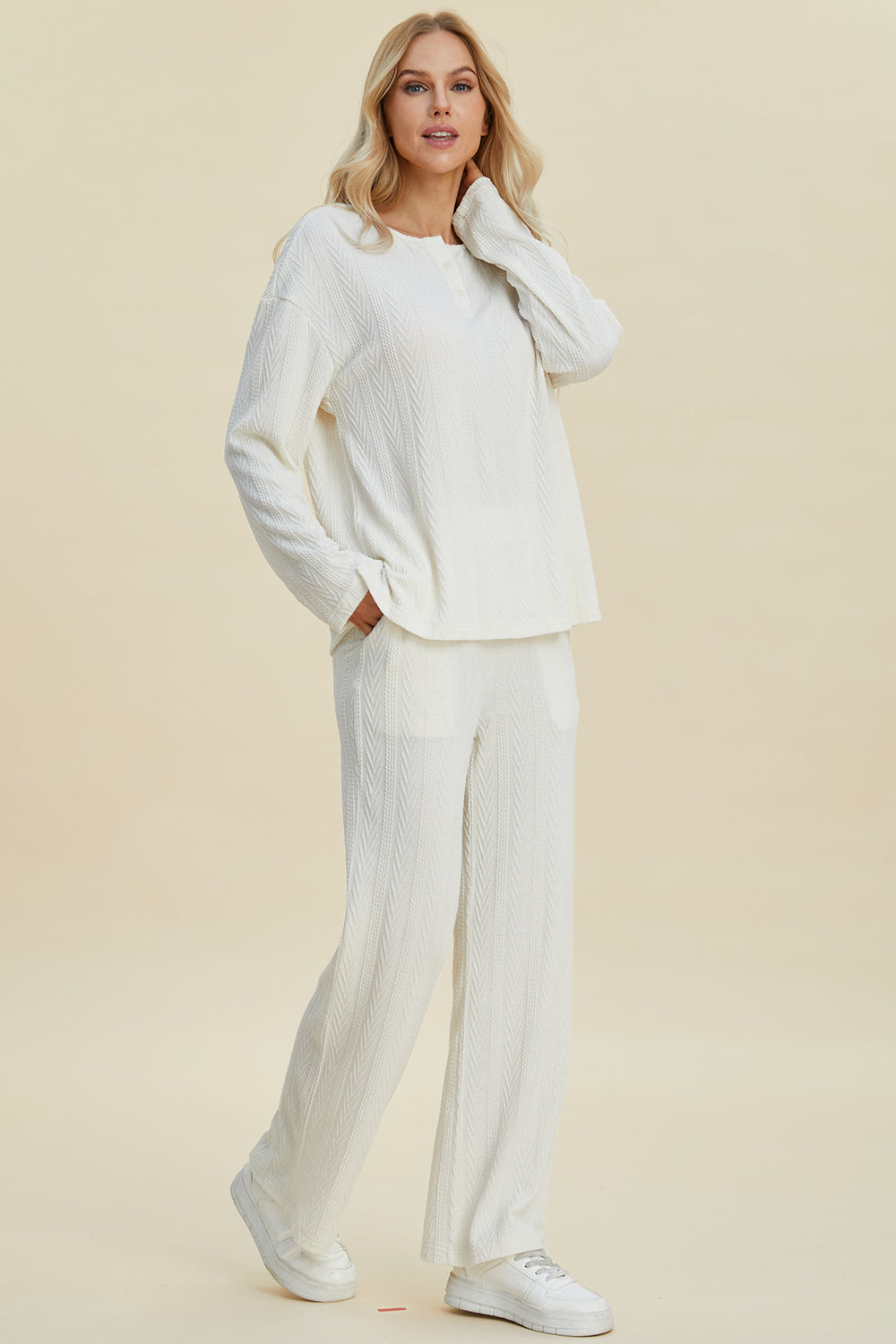 Cable-Knit Long Sleeve Top and Pants Set - Double Take