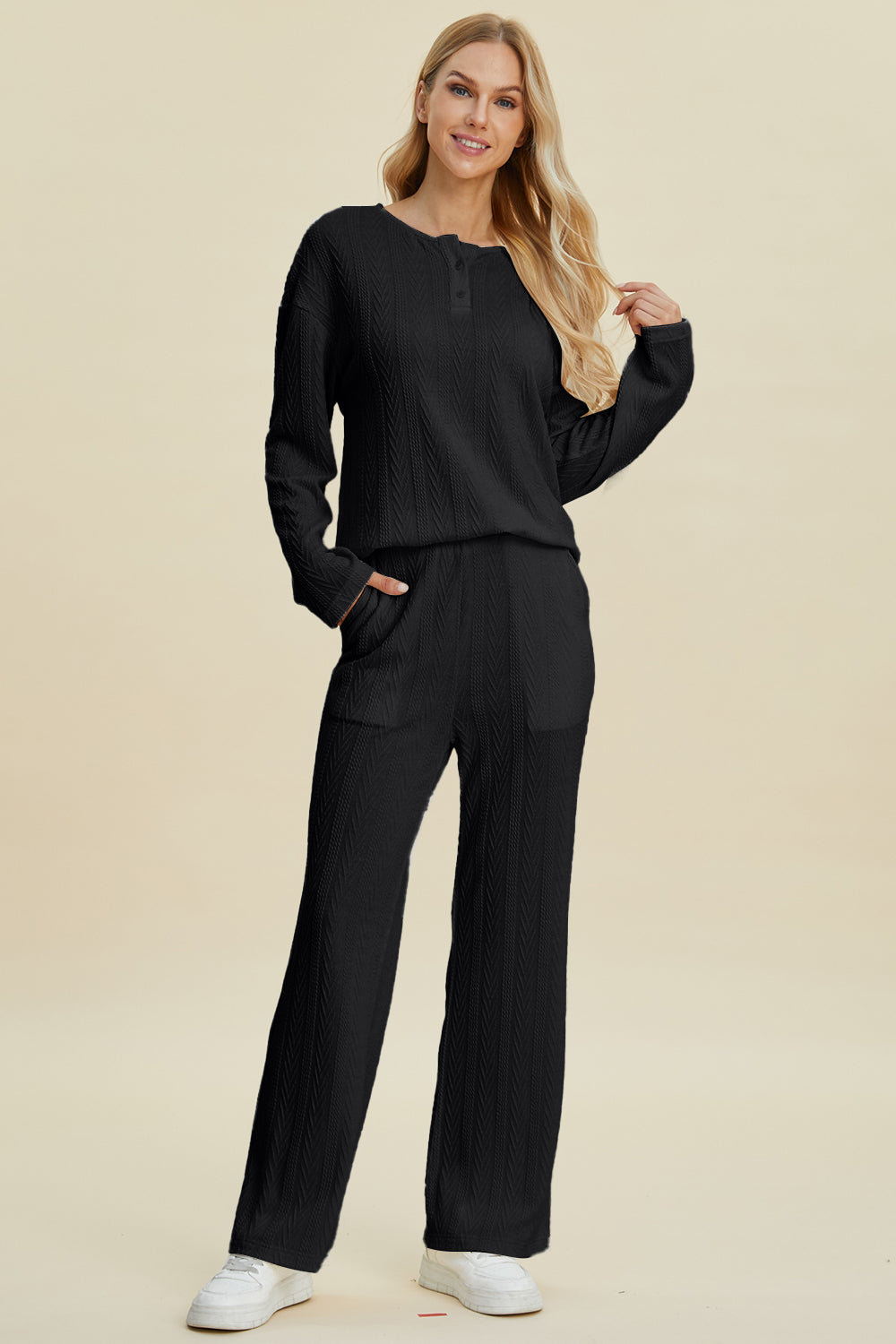 Cable-Knit Long Sleeve Top and Pants Set - Double Take