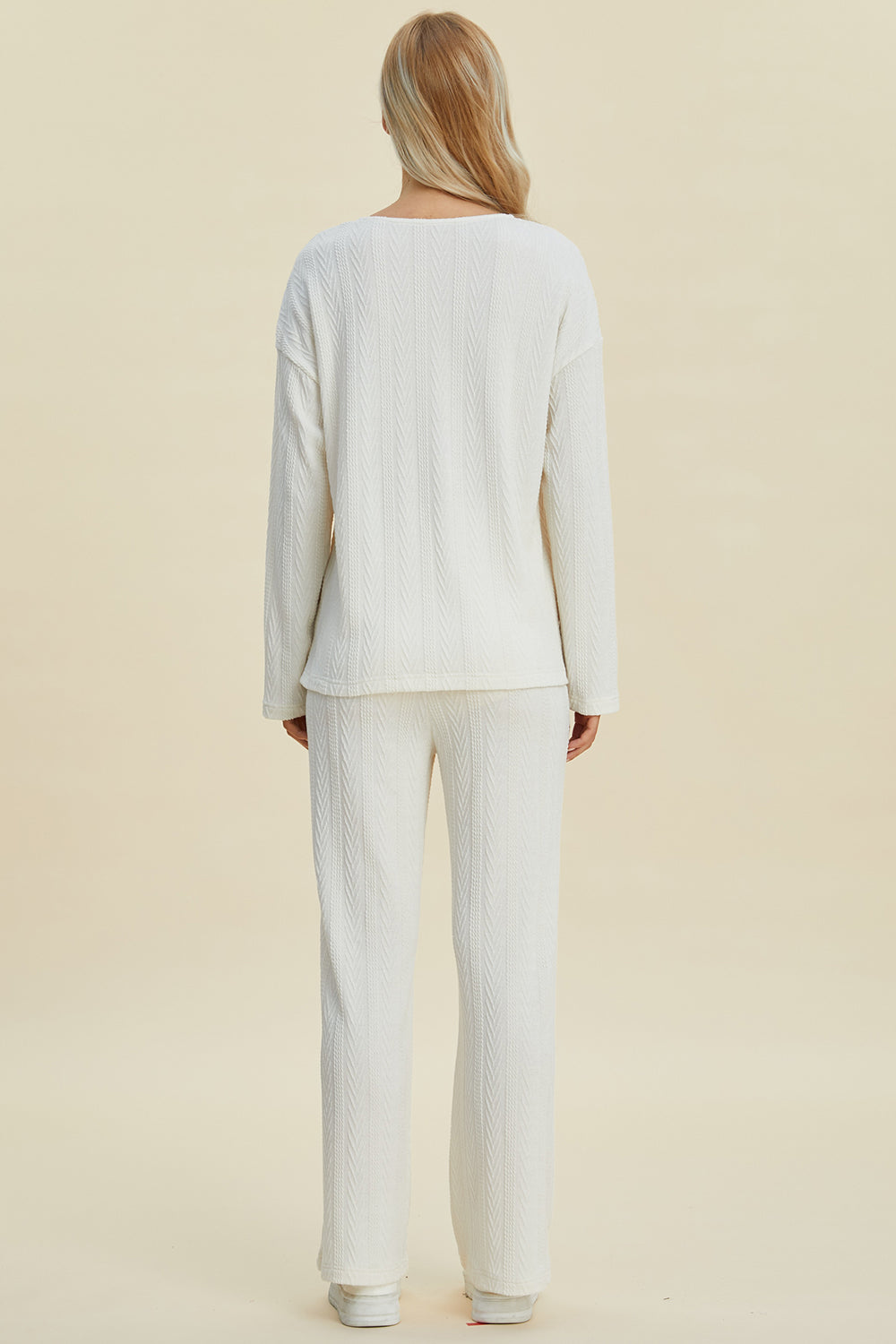 Cable-Knit Long Sleeve Top and Pants Set - Double Take