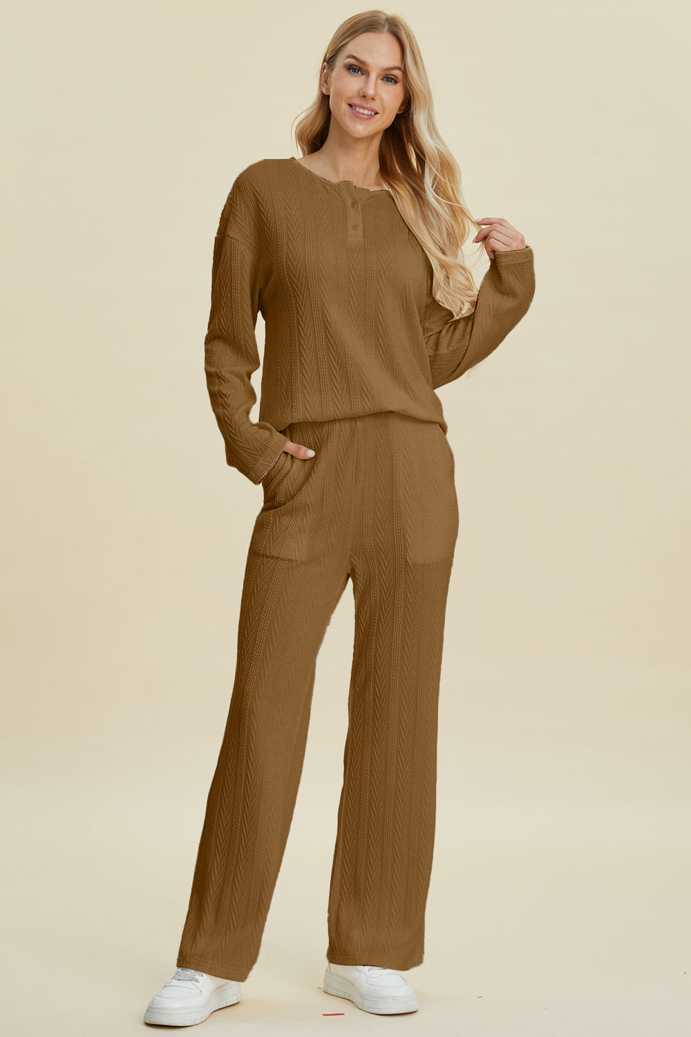 Cable-Knit Long Sleeve Top and Pants Set - Double Take