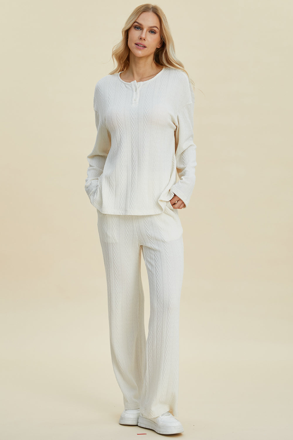 Cable-Knit Long Sleeve Top and Pants Set - Double Take