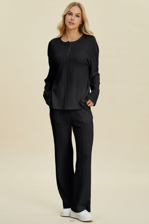 Cable-Knit Long Sleeve Top and Pants Set - Double Take - Black / S