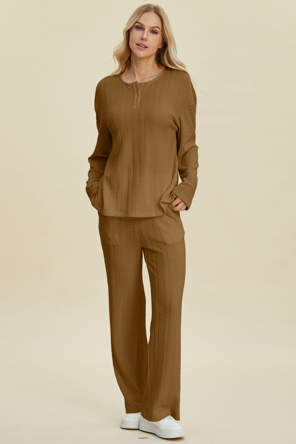 Cable-Knit Long Sleeve Top and Pants Set - Double Take - Camel / S