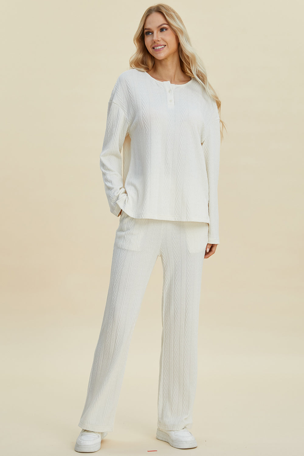 Cable-Knit Long Sleeve Top and Pants Set - Double Take - White / S