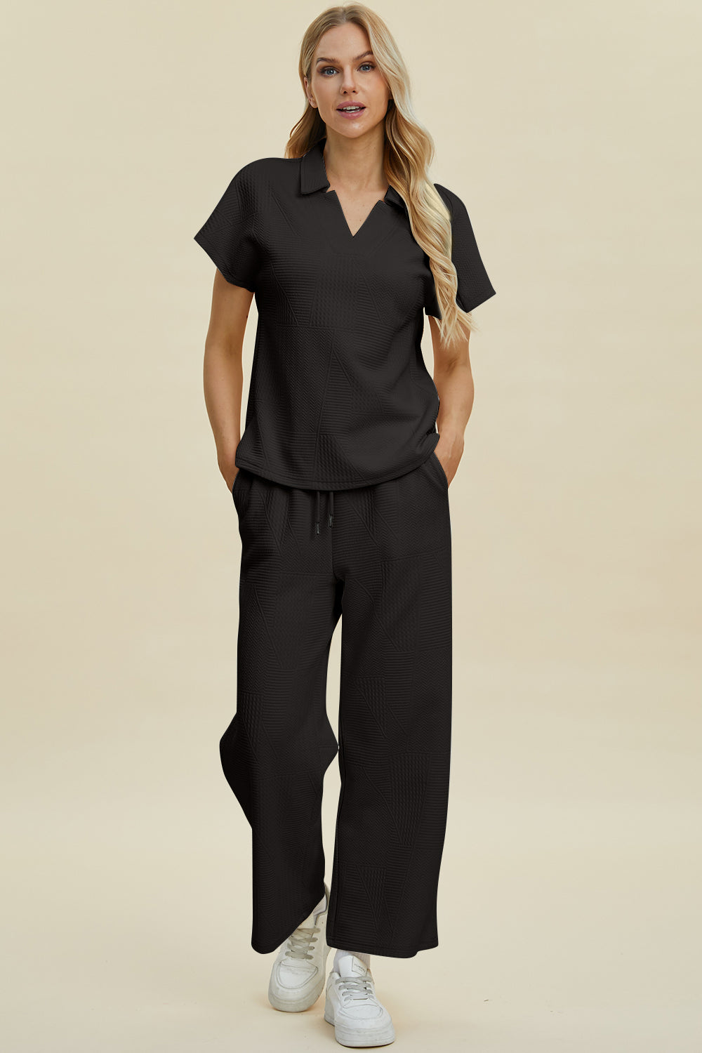 Collared Neck Short Sleeve Top and Pants Set - Double Take - Black / S - Two Piece Outfits