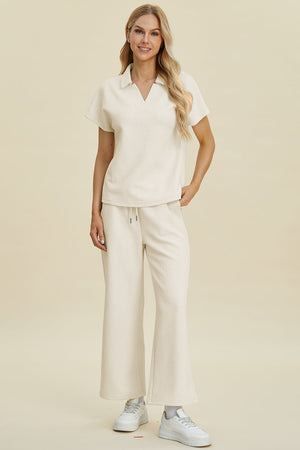 Collared Neck Short Sleeve Top and Pants Set - Double Take - Cream / S - Two Piece Outfits