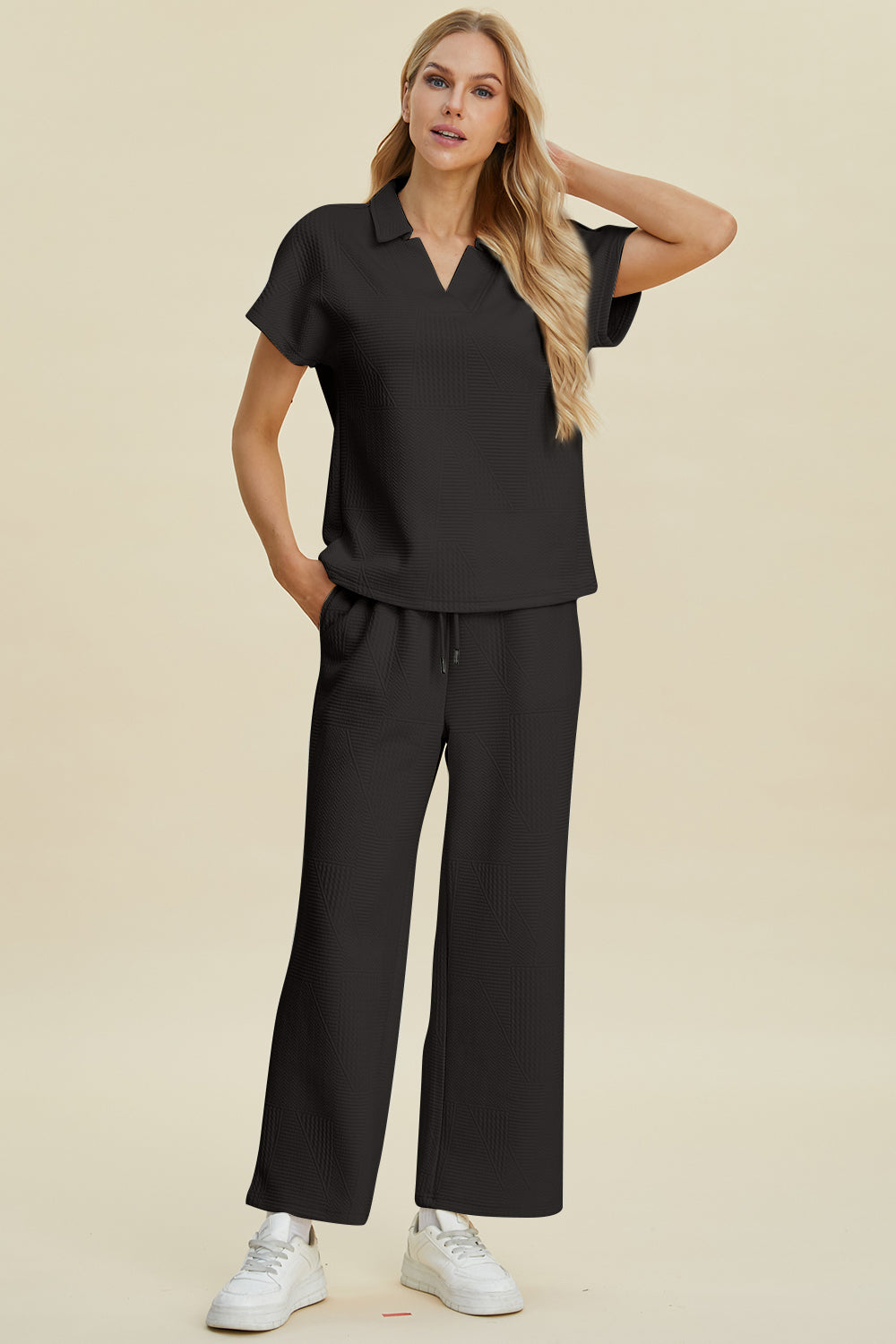 Collared Neck Short Sleeve Top and Pants Set - Double Take - Two Piece Outfits