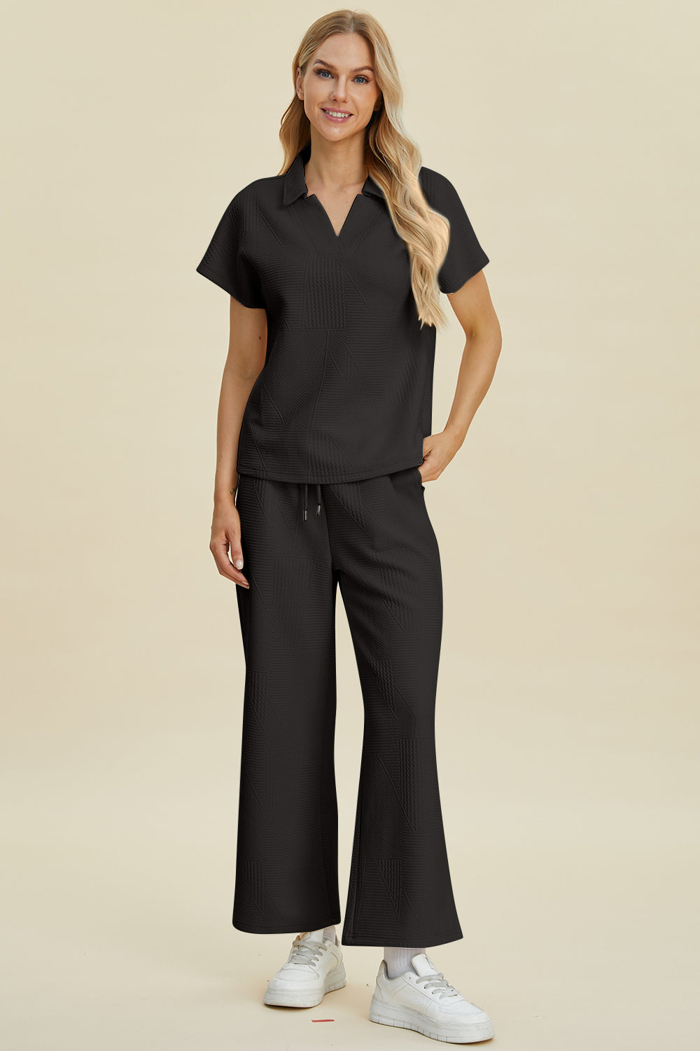 Collared Neck Short Sleeve Top and Pants Set - Double Take - Two Piece Outfits