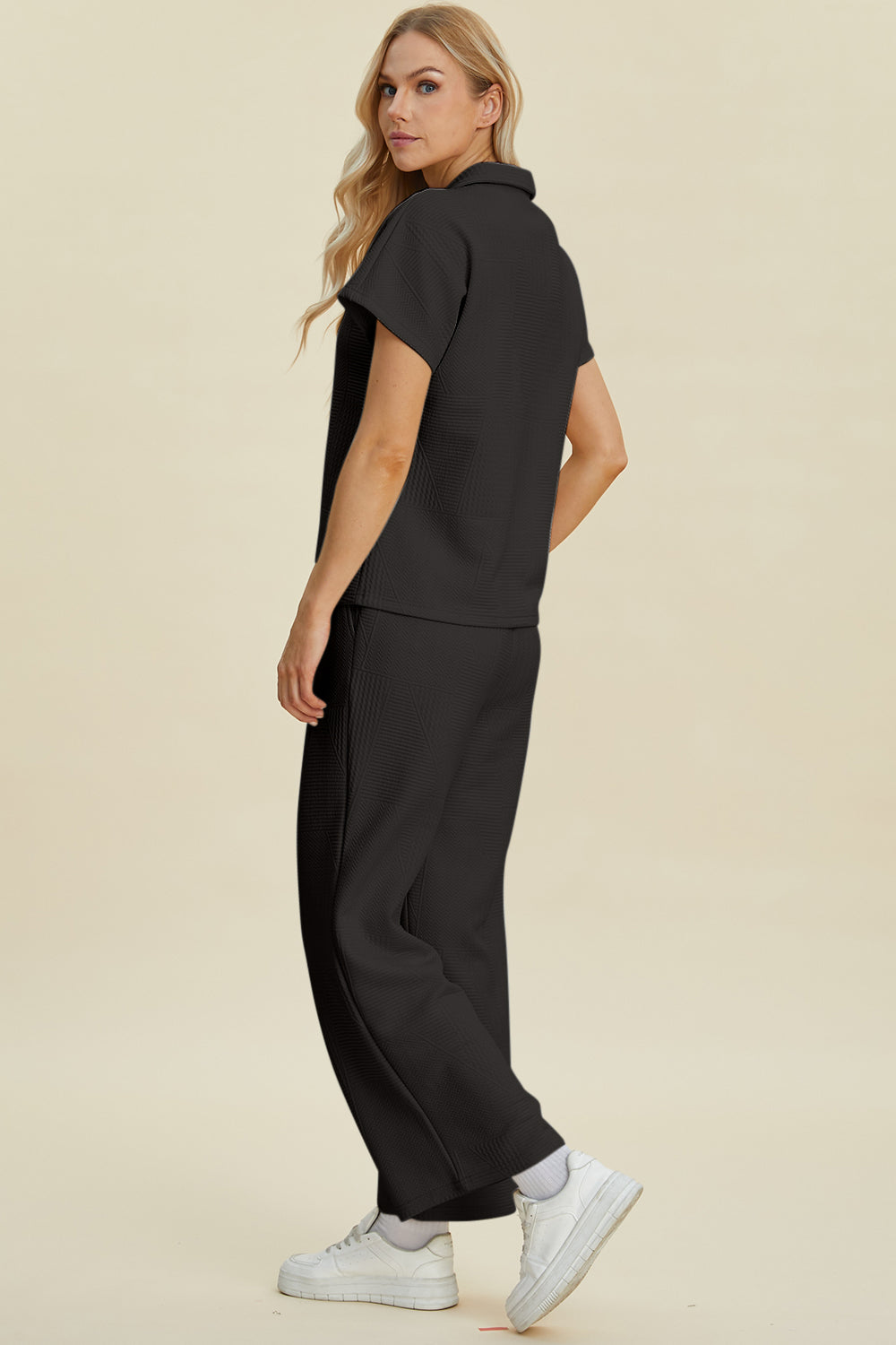 Collared Neck Short Sleeve Top and Pants Set - Double Take - Two Piece Outfits