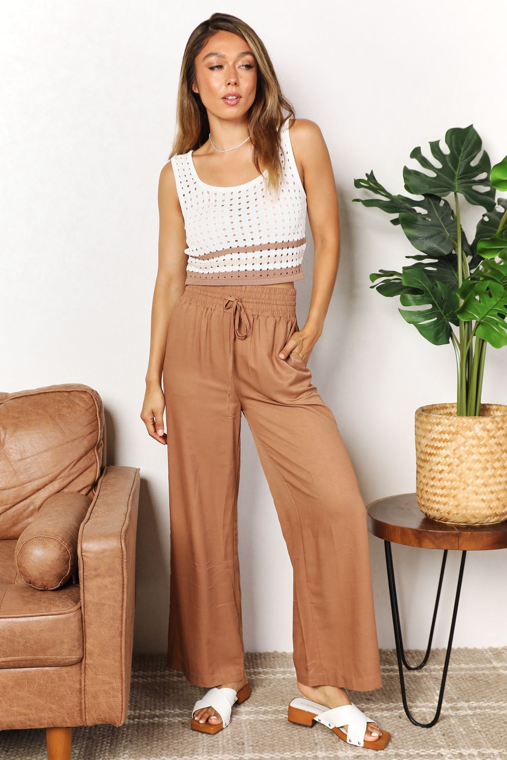 Drawstring Smocked Waist Wide Leg Pants - Double Take - Pants