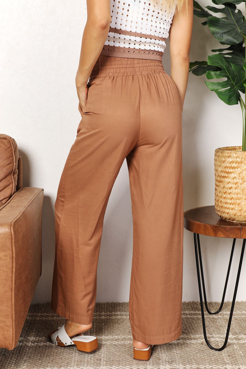 Drawstring Smocked Waist Wide Leg Pants - Double Take - Pants