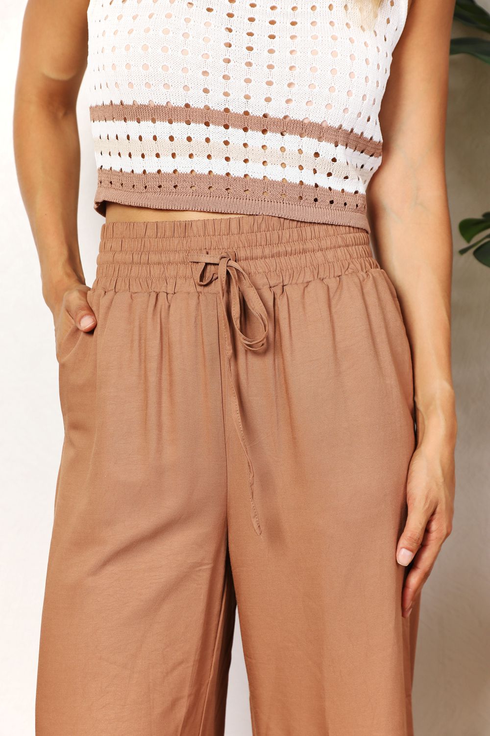 Drawstring Smocked Waist Wide Leg Pants - Double Take - Pants