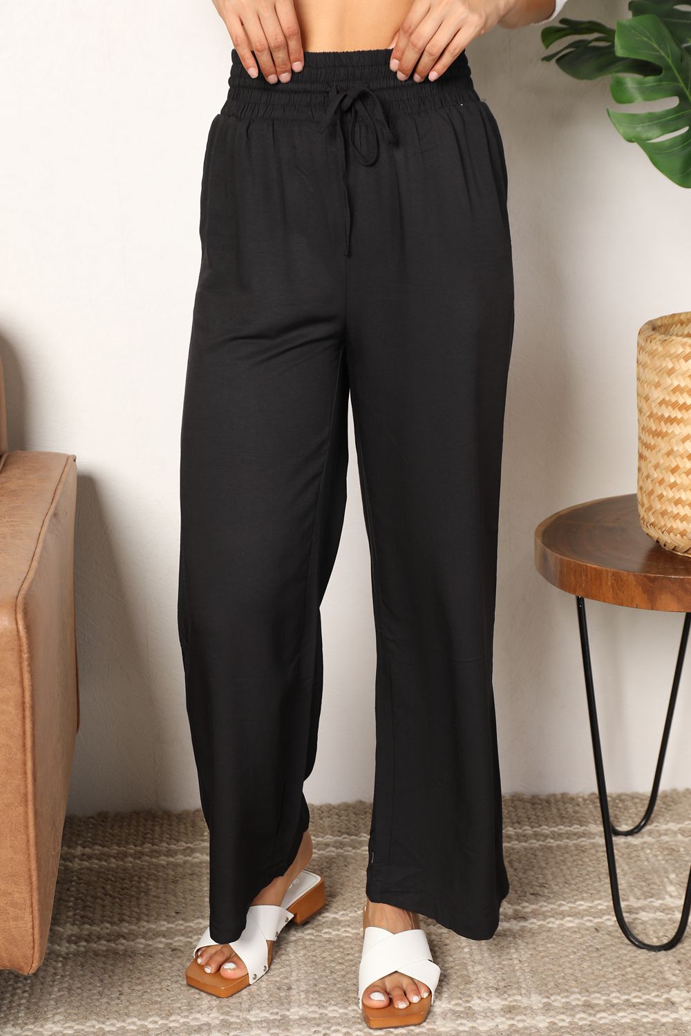 Drawstring Smocked Waist Wide Leg Pants - Double Take - Black / S - Pants