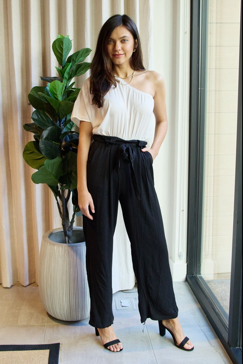 Dress Day Marvelous in Manhattan One-Shoulder Jumpsuit in White/Black - White/Black / S - Jumper