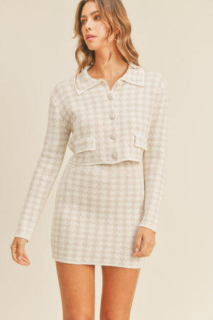 Houndstooth Cropped Knit Cardigan and Mini Skirt Set - MABLE - Dusty Pink / S - Two Piece Outfits