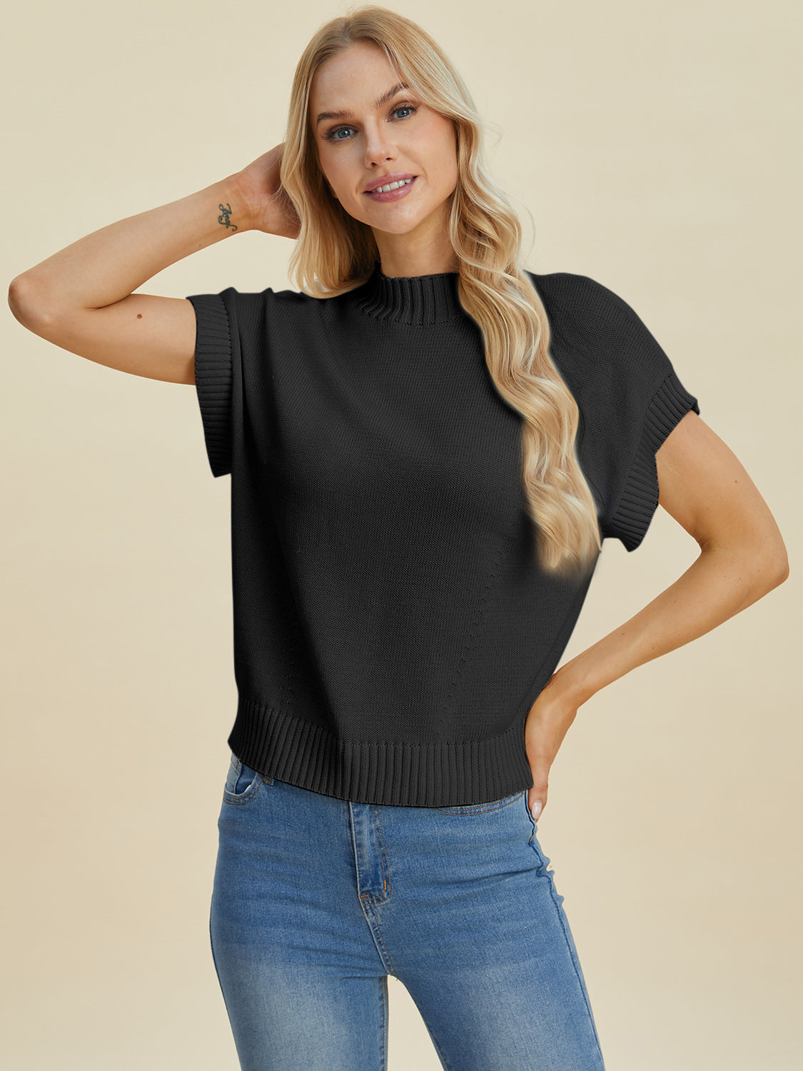 Mock Neck Short Sleeve Sweater - Double Take - Black / S - Tops