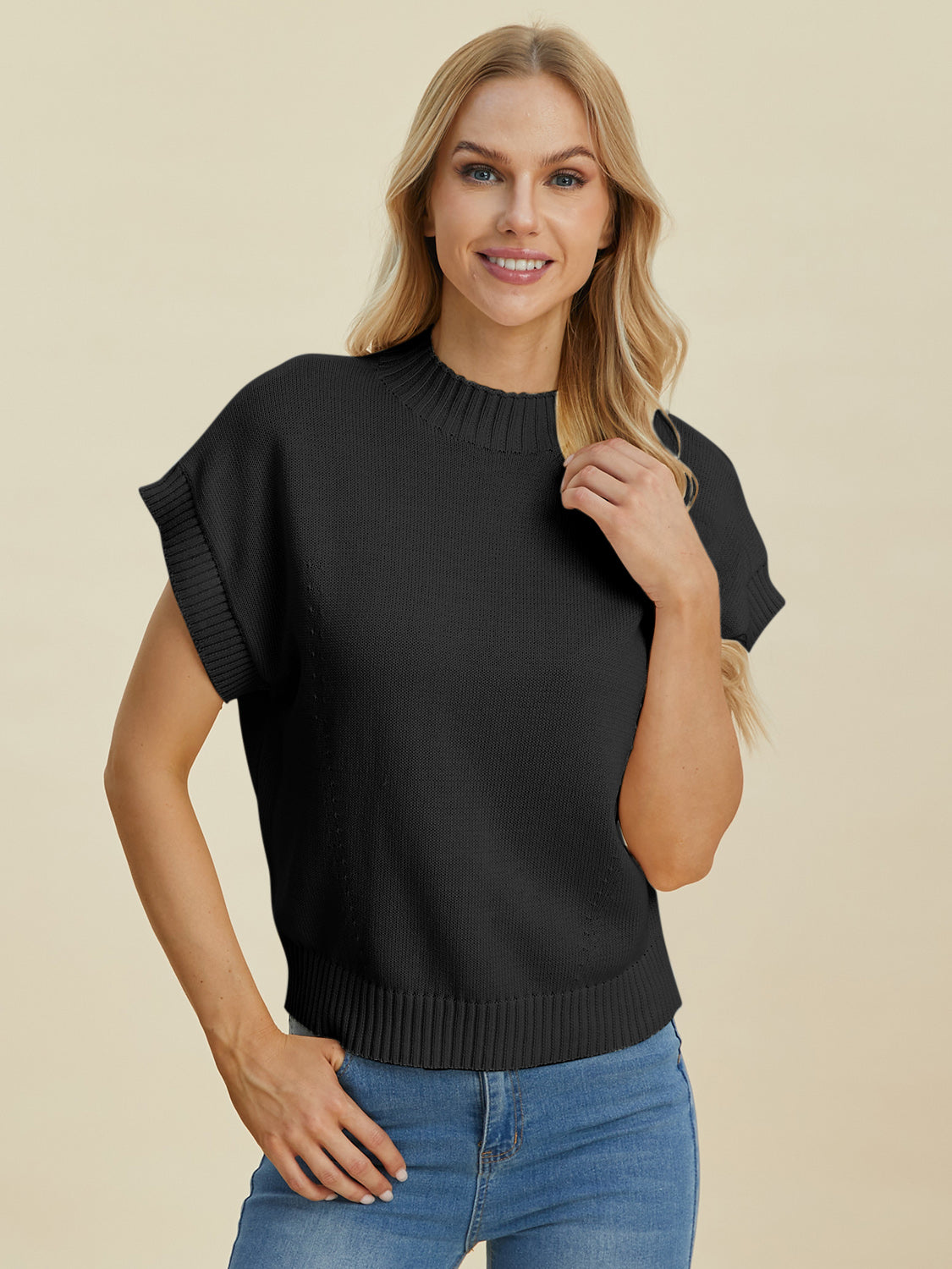 Mock Neck Short Sleeve Sweater - Double Take - Tops