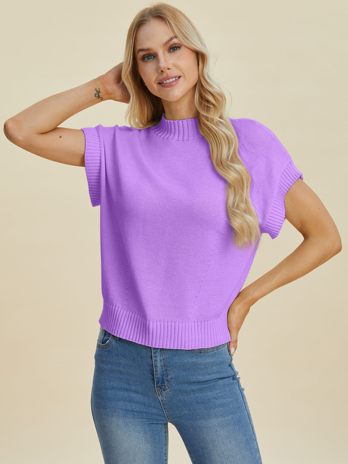 Mock Neck Short Sleeve Sweater - Double Take - Tops