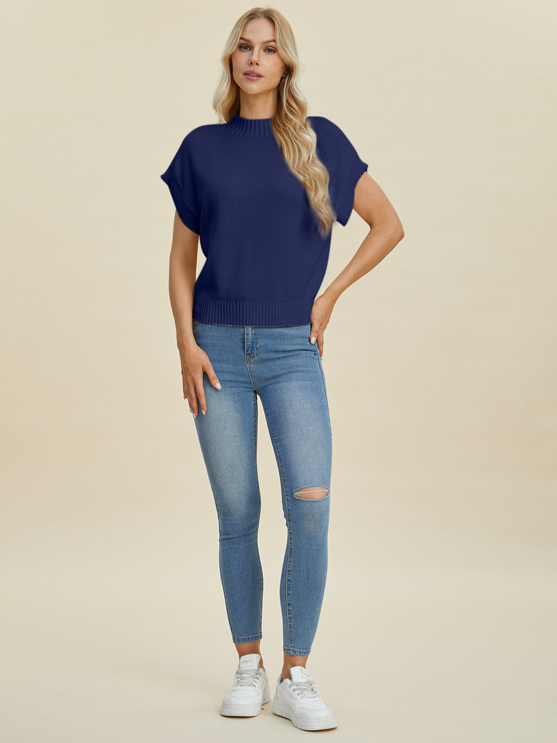 Mock Neck Short Sleeve Sweater - Double Take - Tops