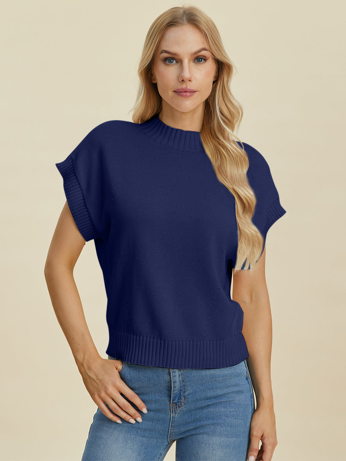 Mock Neck Short Sleeve Sweater - Double Take - Tops