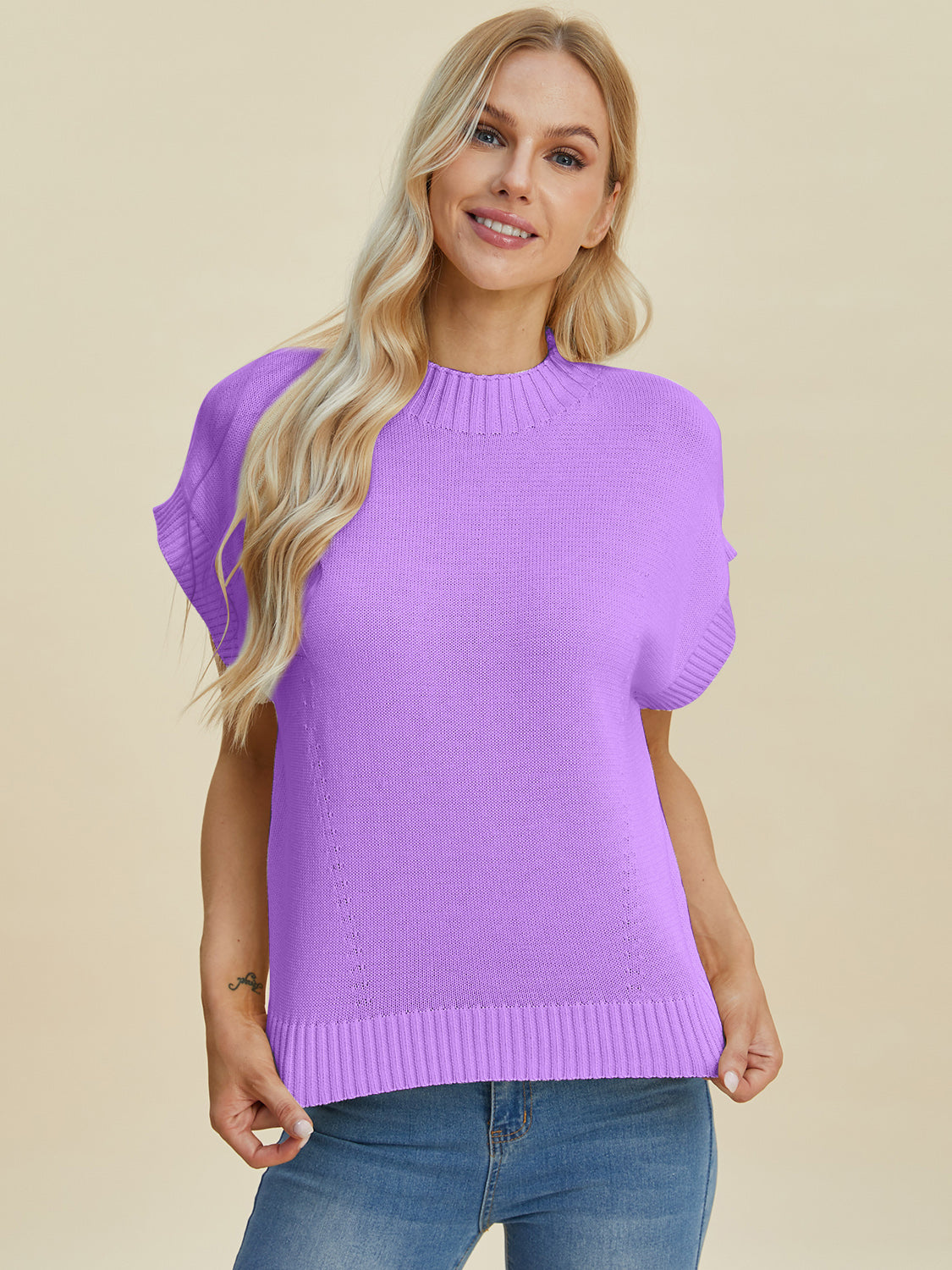 Mock Neck Short Sleeve Sweater - Double Take - Tops