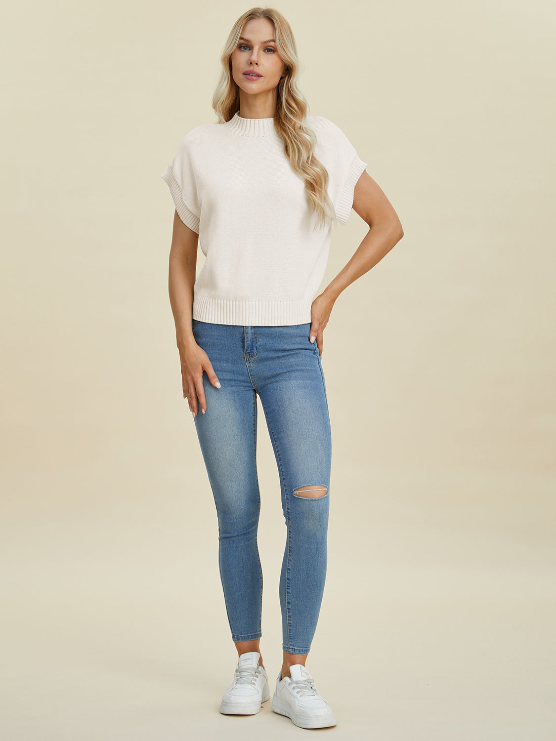 Mock Neck Short Sleeve Sweater - Double Take - Tops