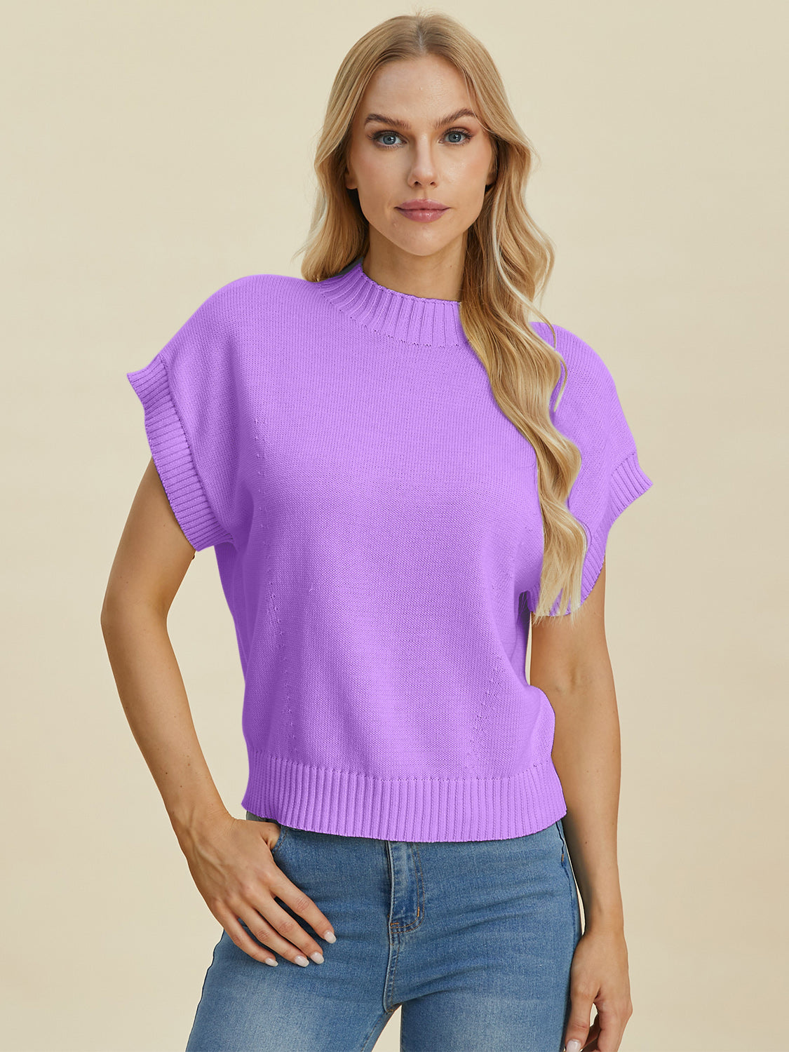 Mock Neck Short Sleeve Sweater - Double Take - Tops