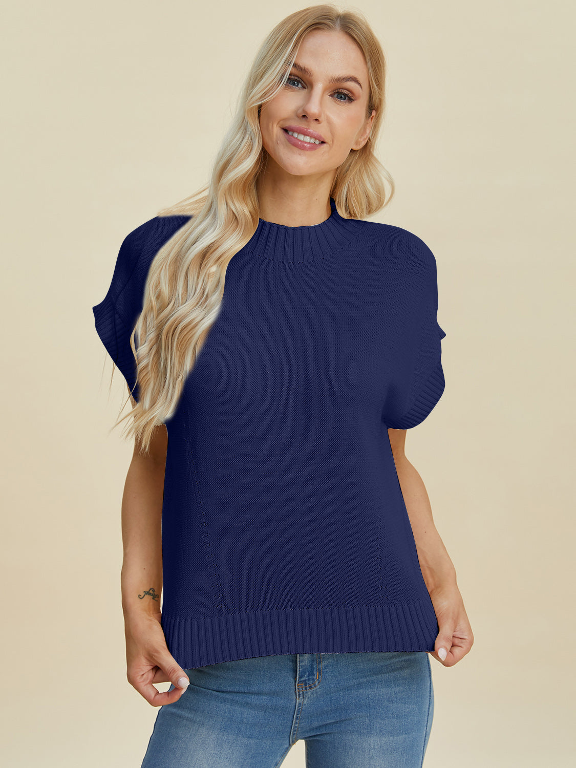 Mock Neck Short Sleeve Sweater - Double Take - Tops