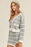 Plaid Button Down Sweater Cardigan and Mini Skirt Set - MABLE - Dusty Blue / S - Two Piece Outfits