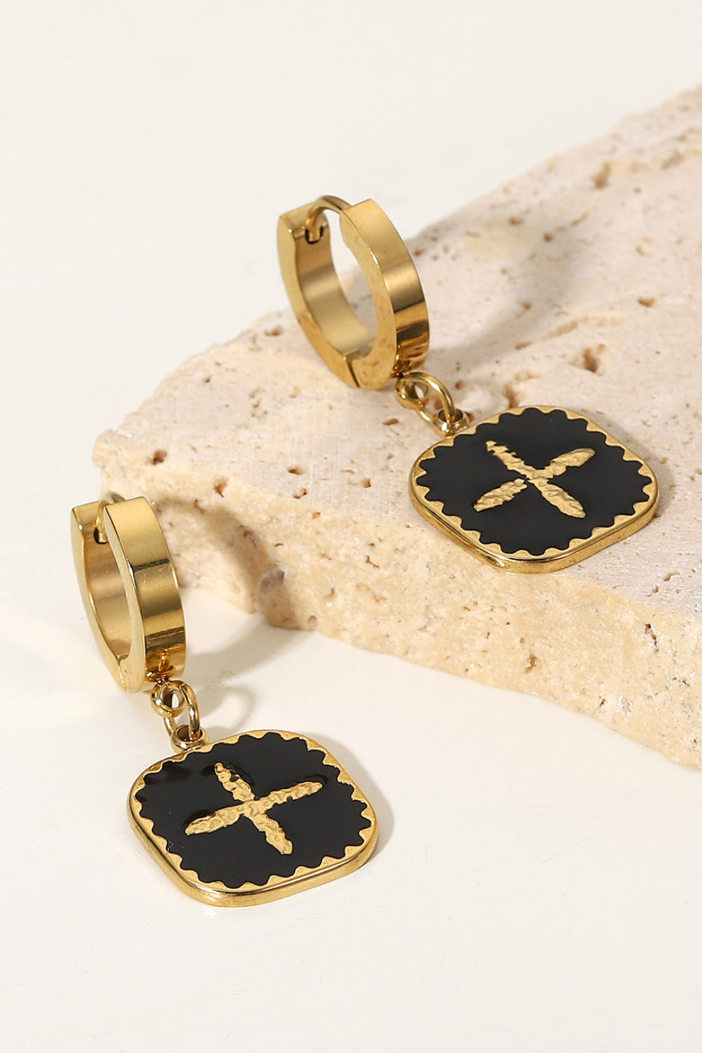 Plus Sign Square Shape Drop Earrings - Black/Gold / One Size - Earrings