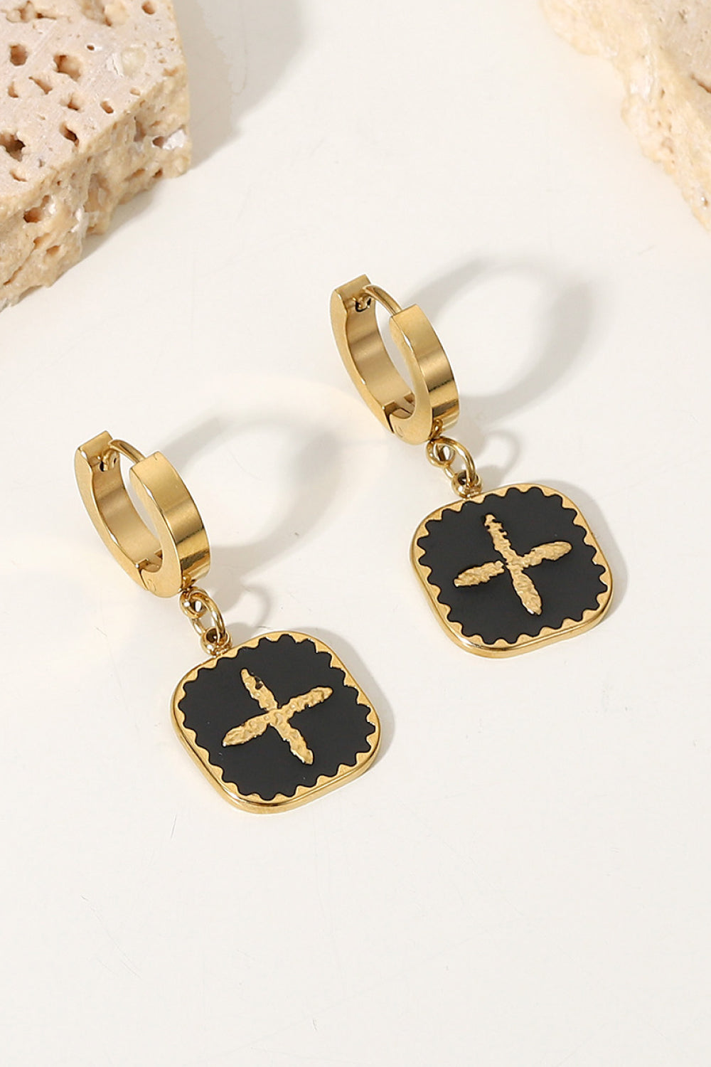 Plus Sign Square Shape Drop Earrings - Black/Gold / One Size - Earrings