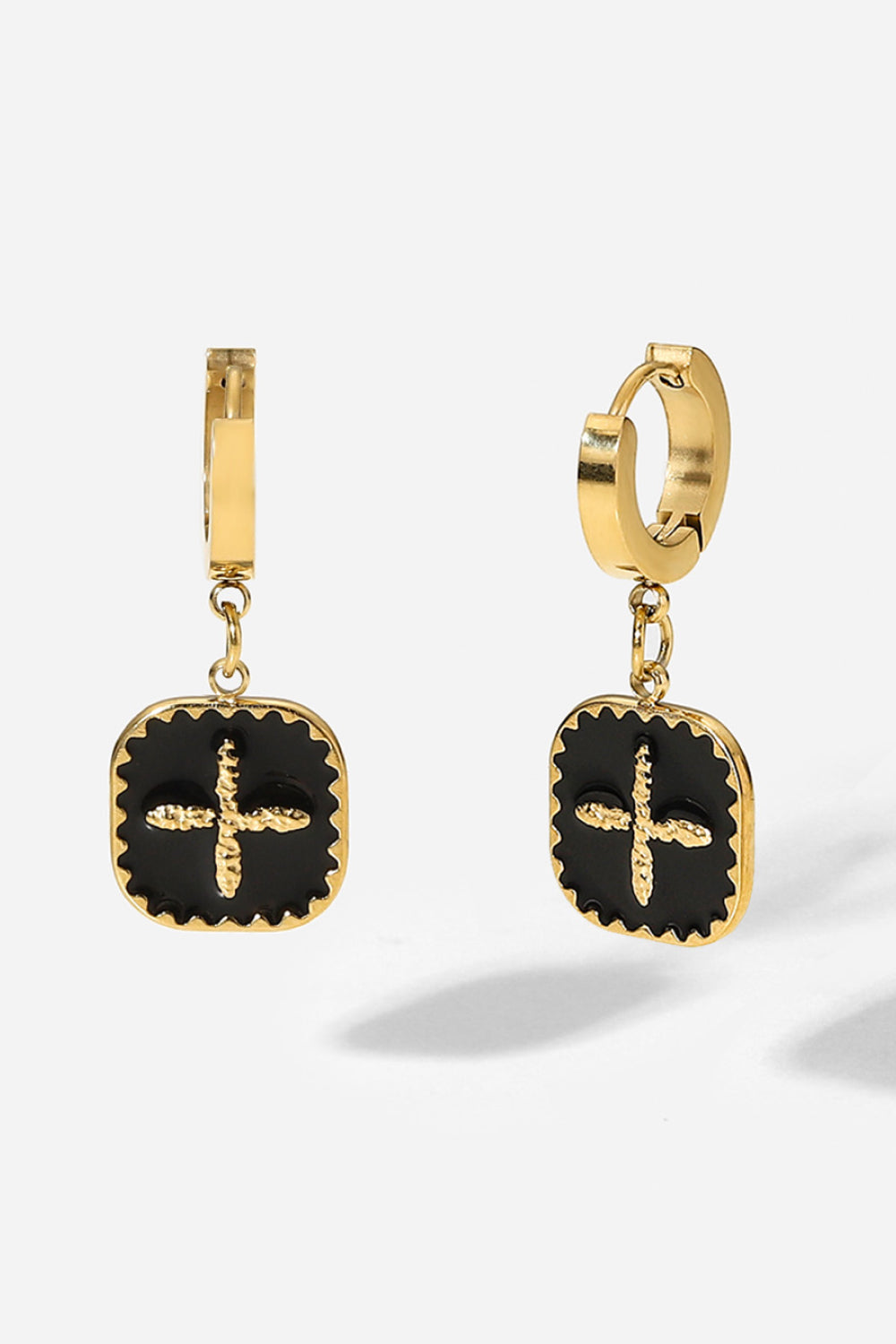 Plus Sign Square Shape Drop Earrings - Black/Gold / One Size - Earrings