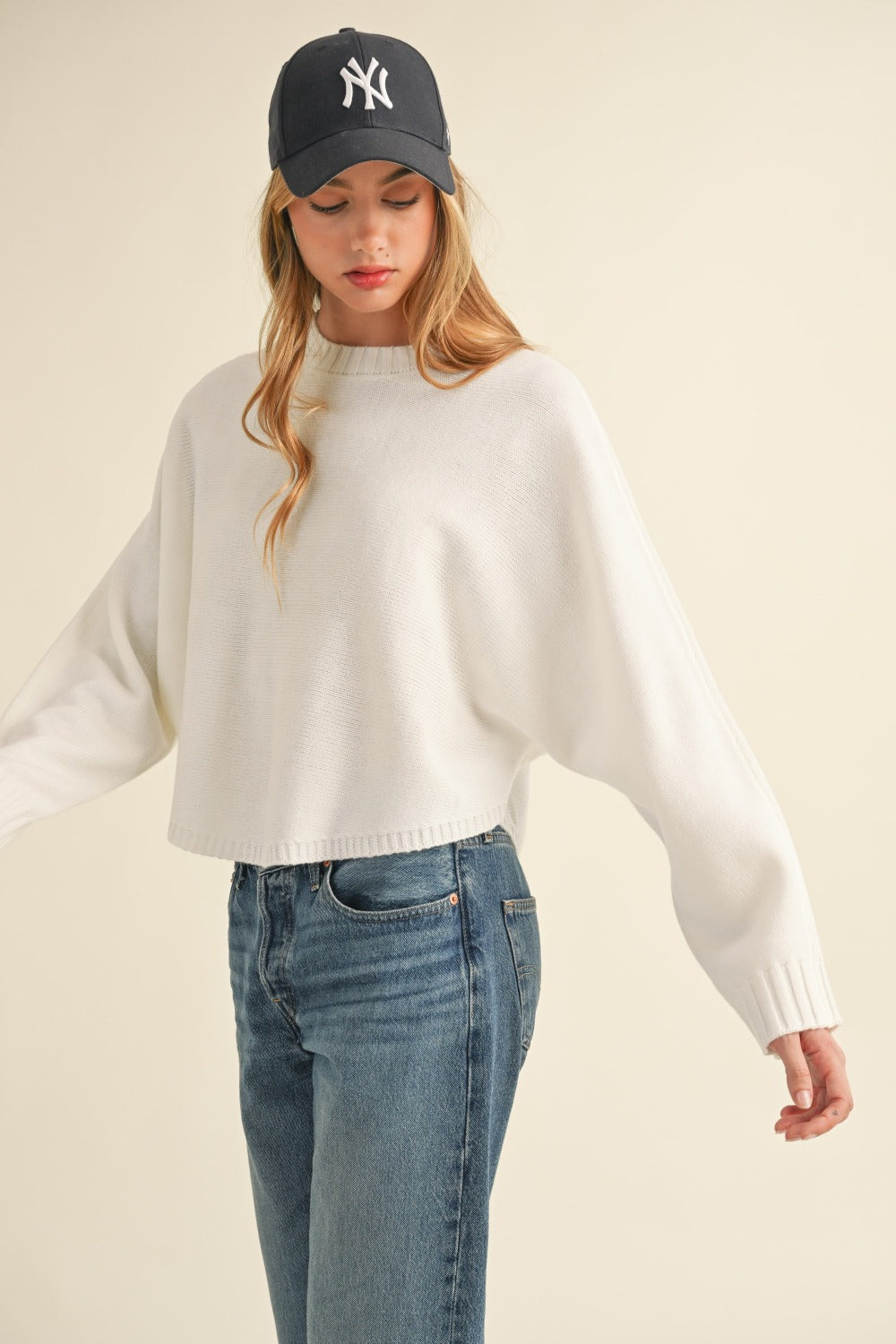 Round Neck Dolman Sleeve Cropped Sweater - MABLE - sweater