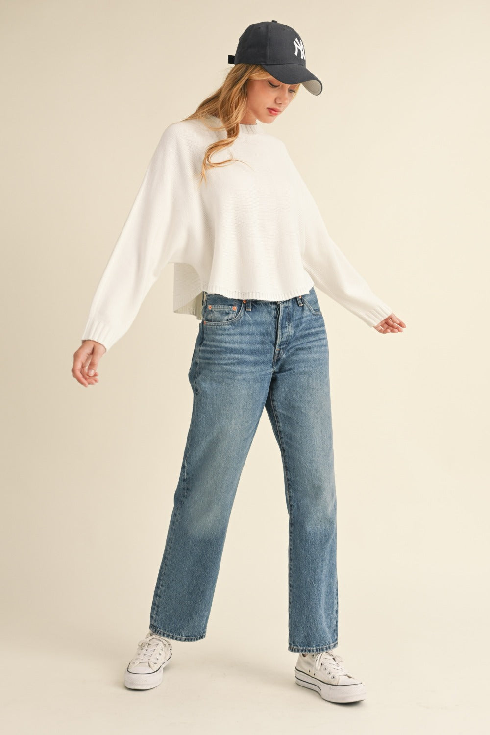 Round Neck Dolman Sleeve Cropped Sweater - MABLE - sweater