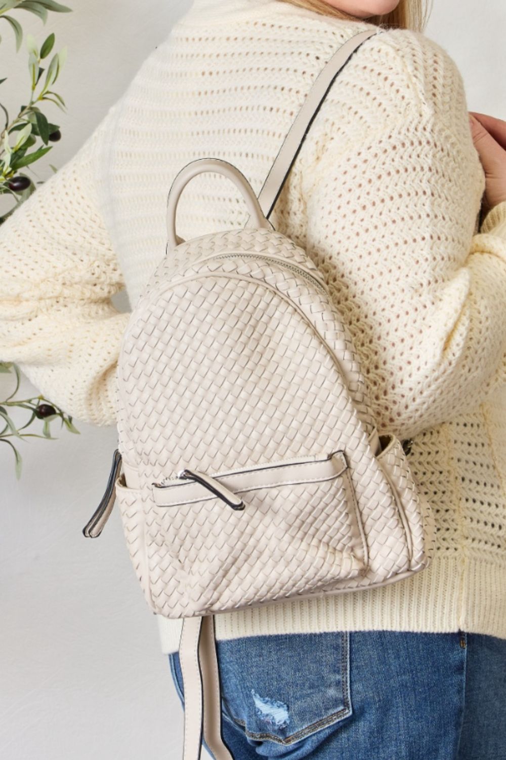 SHOMICO PU Leather Woven Backpack - BEIGE / One Size