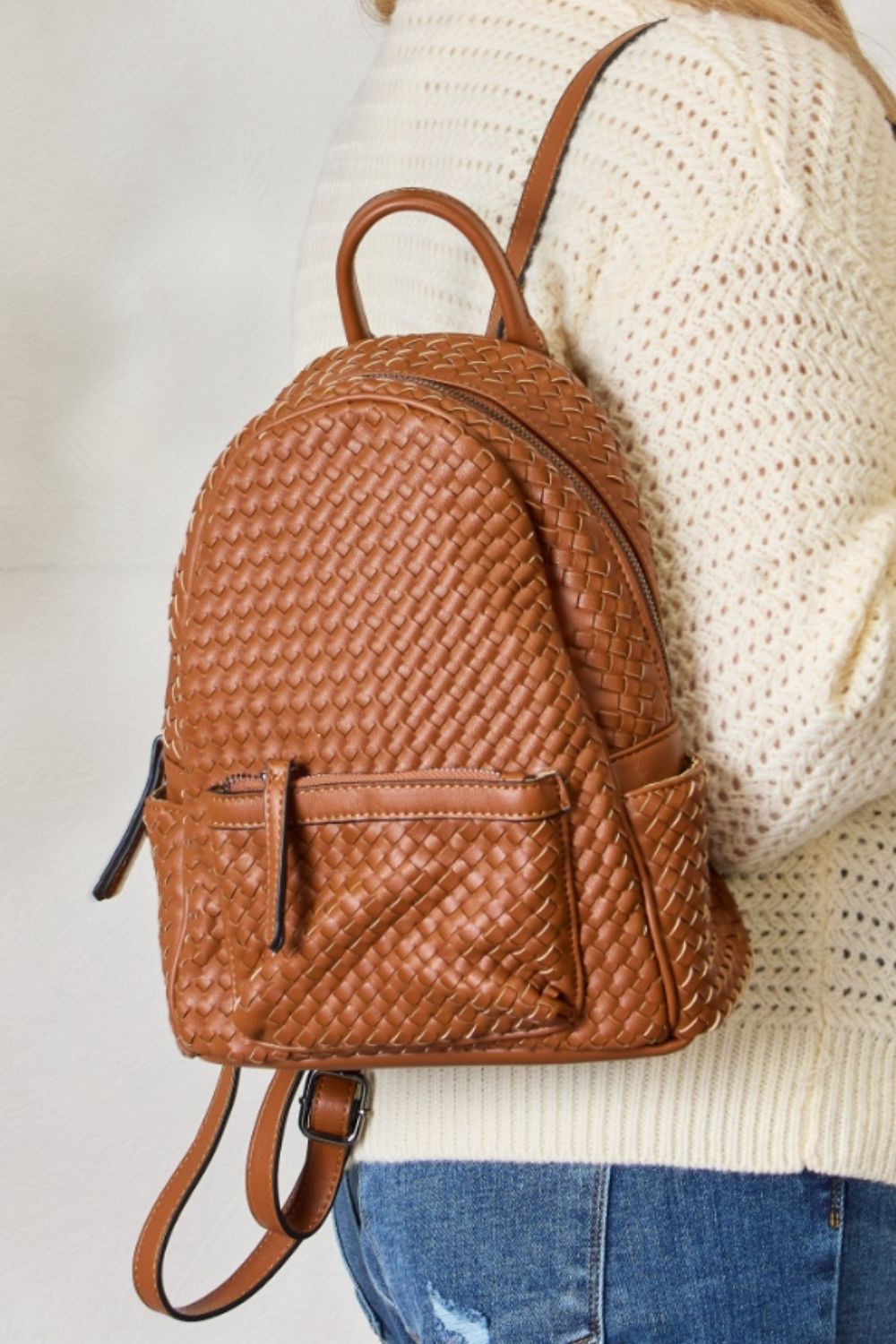 SHOMICO PU Leather Woven Backpack - TAN / One Size