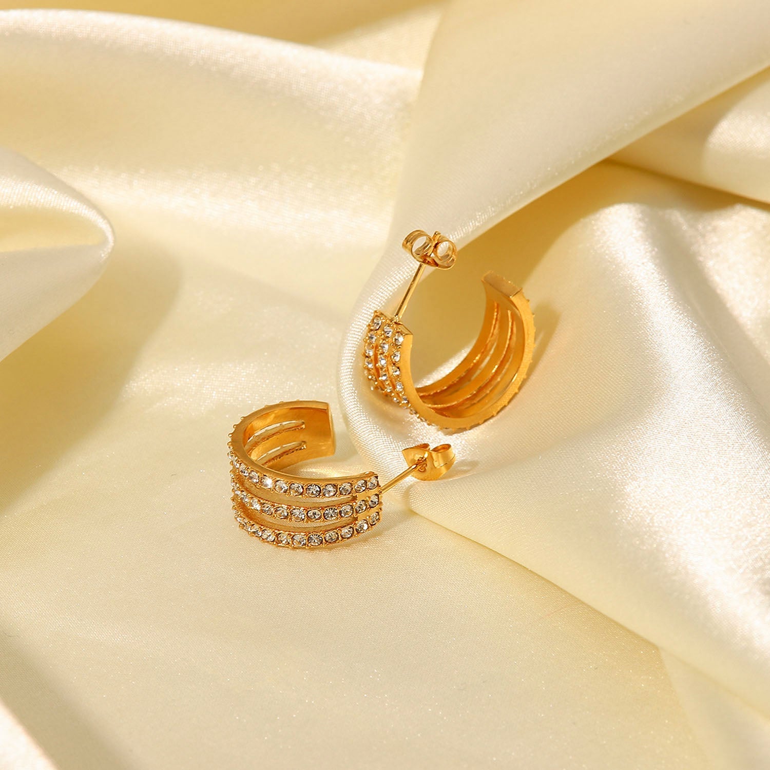 Stainless Steel Inlaid Zircon C-Hoop Earrings - Gold / One Size