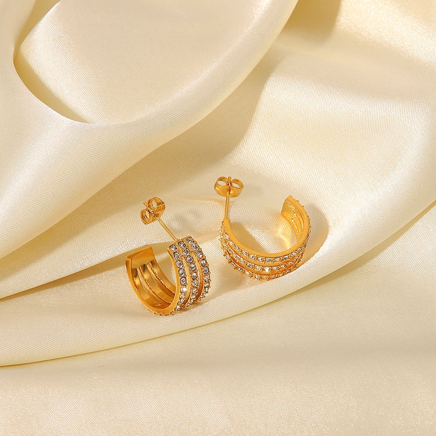 Stainless Steel Inlaid Zircon C-Hoop Earrings - Gold / One Size