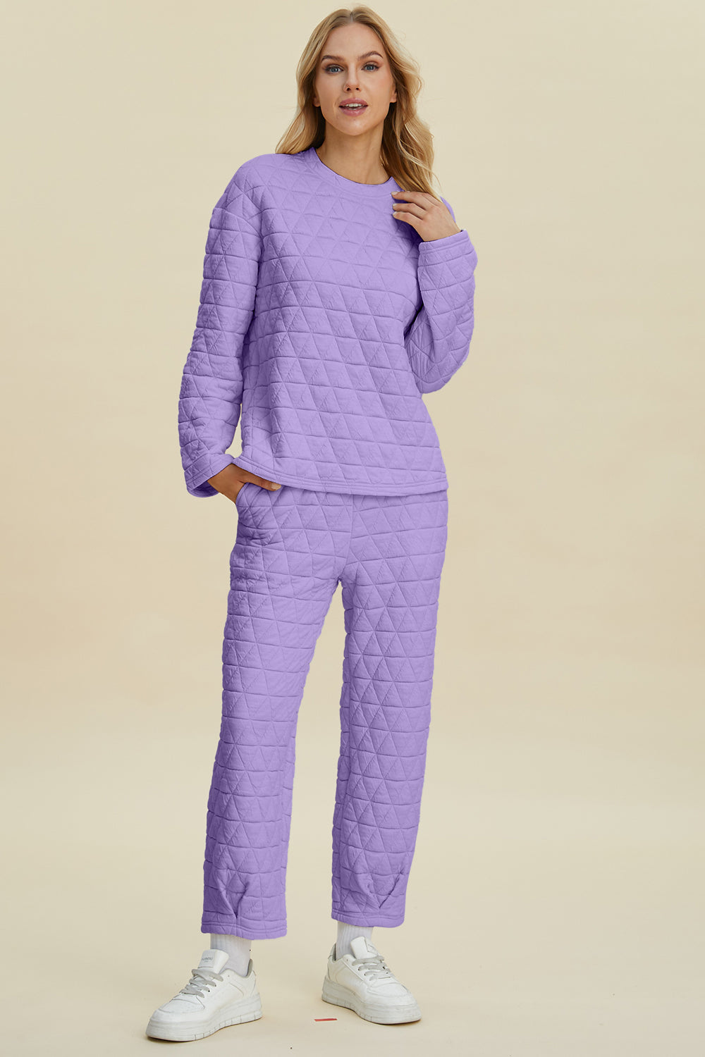 Texture Round Neck Long Sleeve Top and Pants Set - Double Take - Lavender / S - Two Piece Outfits