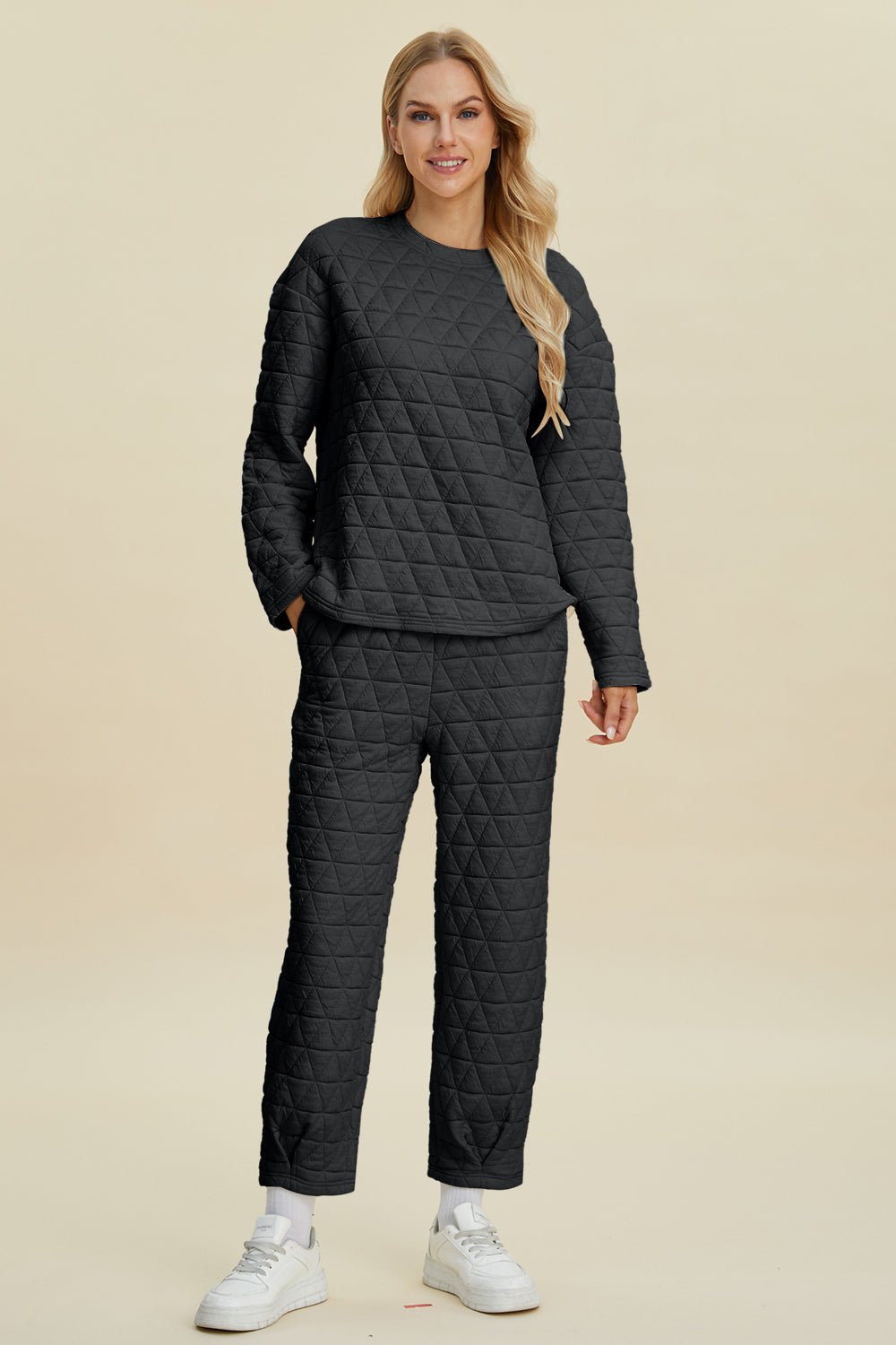 Texture Round Neck Long Sleeve Top and Pants Set - Double Take - Black / S - Two Piece Outfits