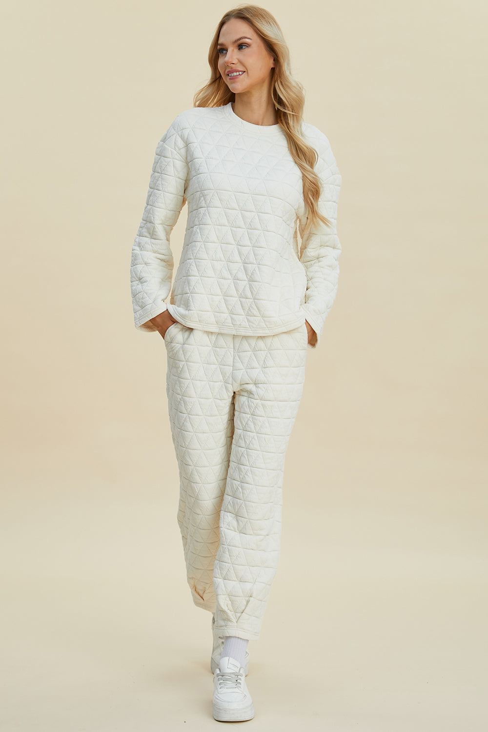 Texture Round Neck Long Sleeve Top and Pants Set - Double Take - Two Piece Outfits